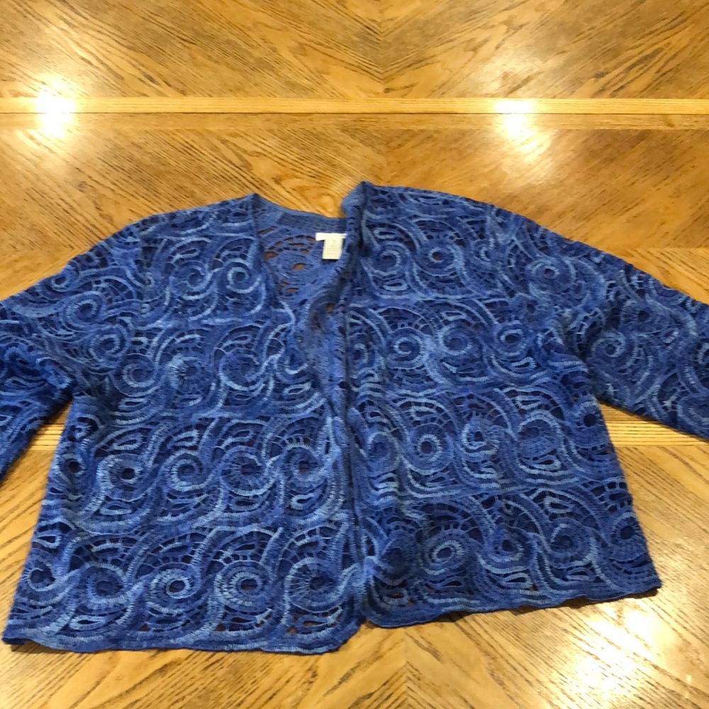 Chico’s Boho Cropped Cardigan Crotched Swirl Lace Floral Vibrant Blue Size XL - Picture 11 of 11